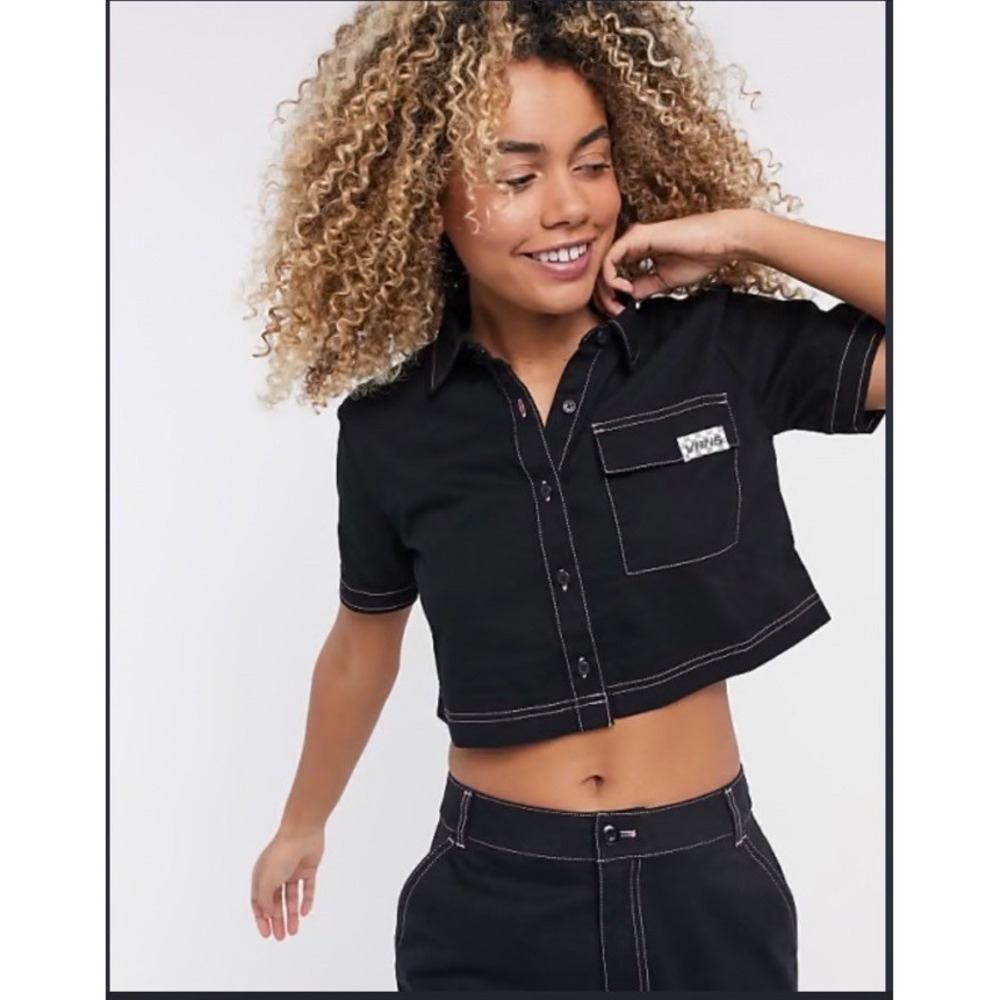 VANS Women's Thread It Crop Button Up Shirt Black With Pink Piping Sz M